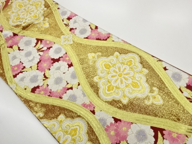 JAPANESE FUKURO OBI / WOVEN FLOWER CREST & SAKURA